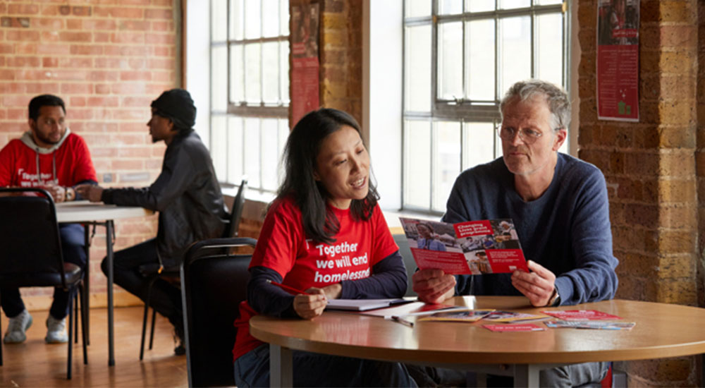 Two groups of people sitting at a table reading